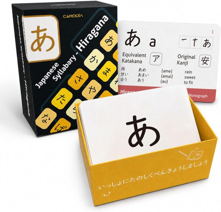 CARDDIA Japanese Syllabary – Hiragana Flash Cards (with Stroke-Order Diagrams and Example Words), Standard Playing Card Size, Sturdy, Water Resistant